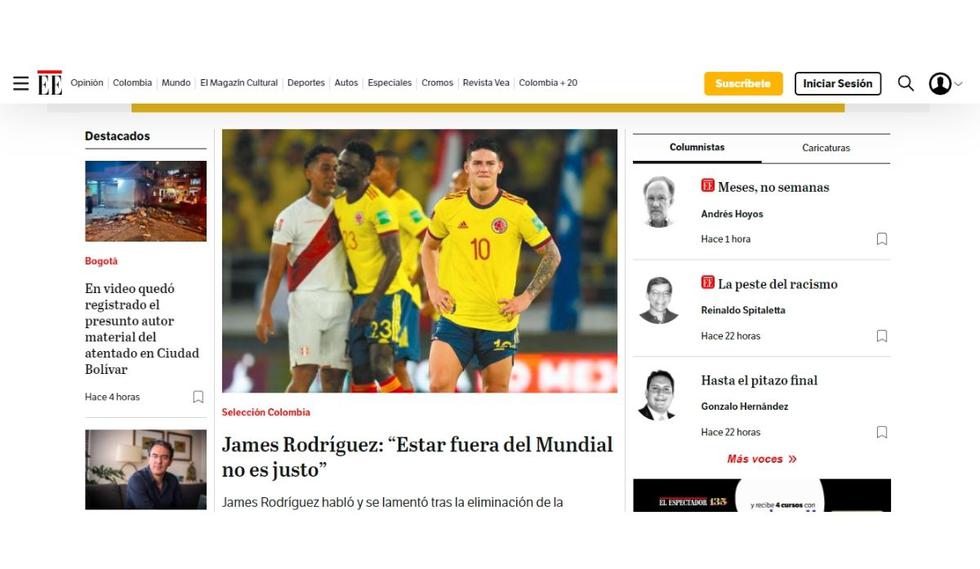 Portada web de el Espectador de Colombia. (Foto: Captura)