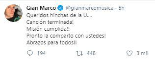 El anuncio de Gian Marco en Twitter.