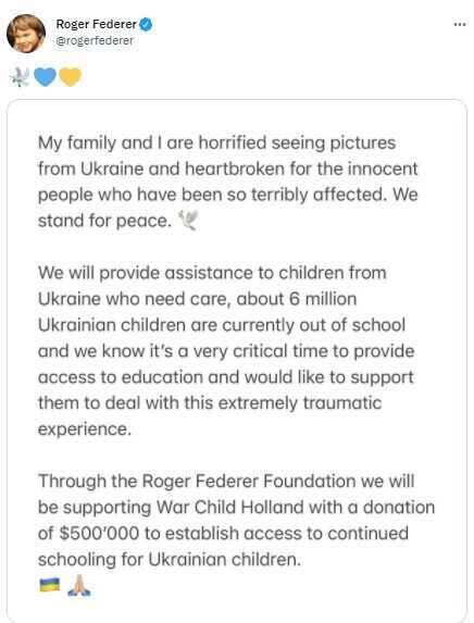 El anuncio de Roger Federer sobre la donación a través de su fundación.