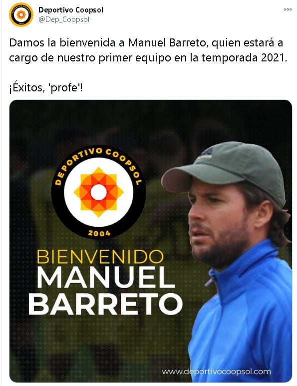 Manuel Barreto fue anunciado como nuevo entrenador de Deportivo Coopsol. (Captura: Twitter)
