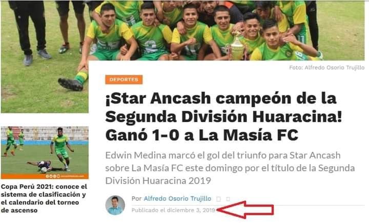 Una publicación que confirma que Star Áncash ascendió a la Primera de Huaraz en 2019.