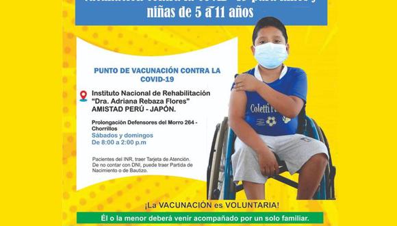 A partir del 29 de enero, el Instituto Nacional de Rehabilitación (INR) “Dra. Adriana Rebaza Flores” Amistad Perú – Japón, en Chorrillos, será punto de vacunación contra el COVID-19 para los niños y las niñas de 5 a 11 años. (Foto: Minsa)
