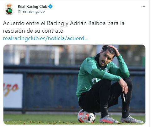 El anuncio de Racing de Santander sobre Adrián Balboa.