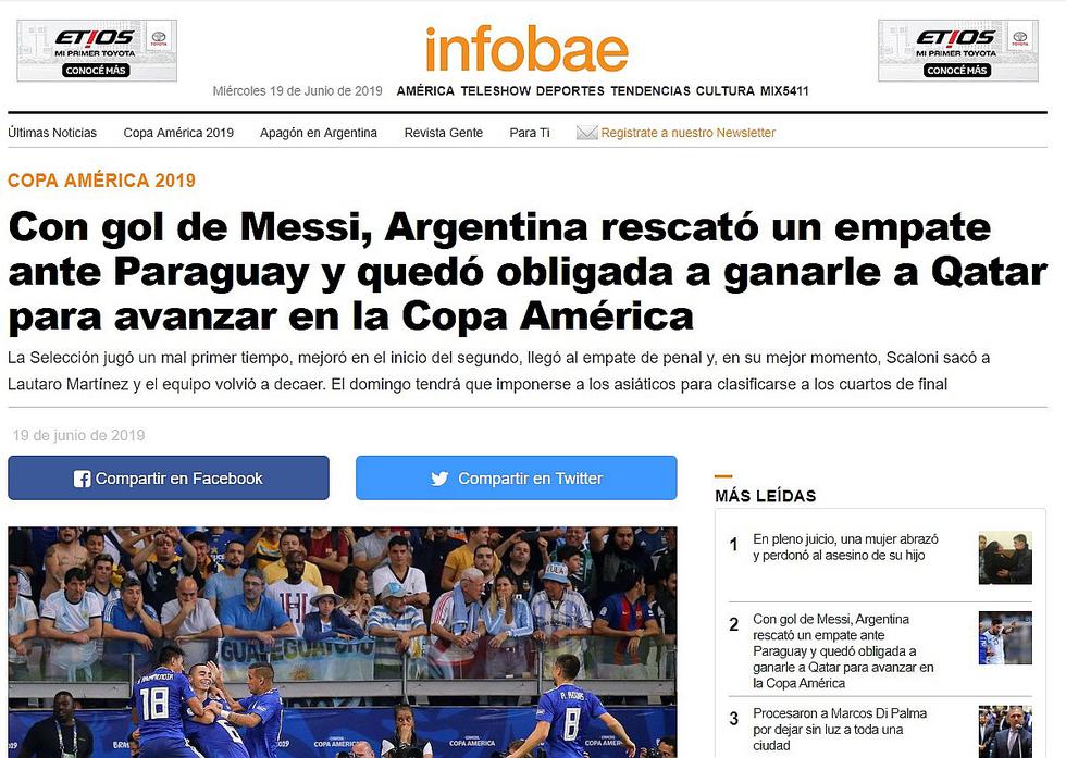 Así informó la prensa argentina tras el empate ante Paraguay que los hace sufrir en la Copa América 2019