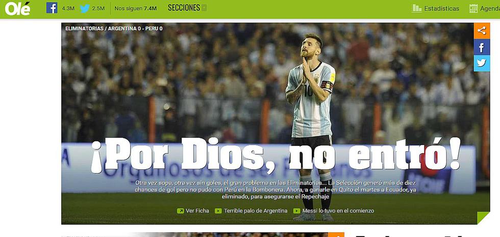 Perú vs. Argentina: Así reaccionó la prensa argentina tras el empate