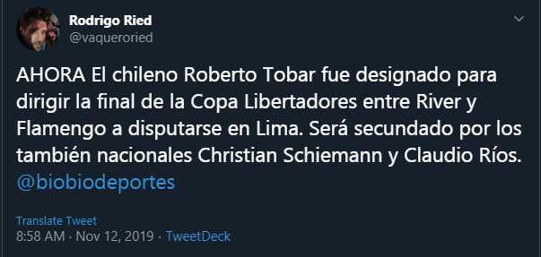 El periodista argentino Rodrigo Ried tuiteó la información citando al portal Bio Bio Deportes. (Twitter)