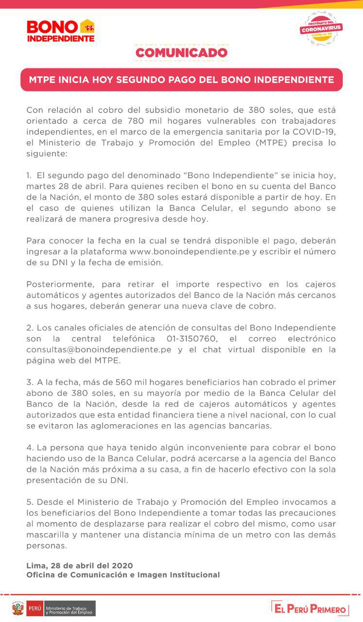 Segundo Bono de 380 soles vía Yo Me Quedo En Casa: Aquí consulta con DNI si eres beneficiario y cómo, dónde y cuándo cobrarlo