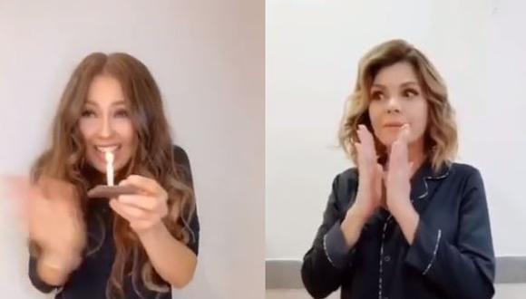 Thalía e Itatí Cantoral recrean video viral de niñas peleando por soplar vela de pastel. (Foto: Instagram)