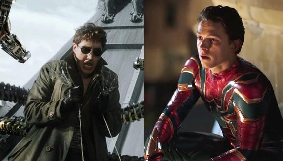 De izquierda a derecha, Alfred Molina como Otto Octavius en "Spiderman 2" (2004). A la derecha, Tom Holland como Peter Parker en "Spiderman: Far From Home" (2019). Fotos: Sony Pictures.