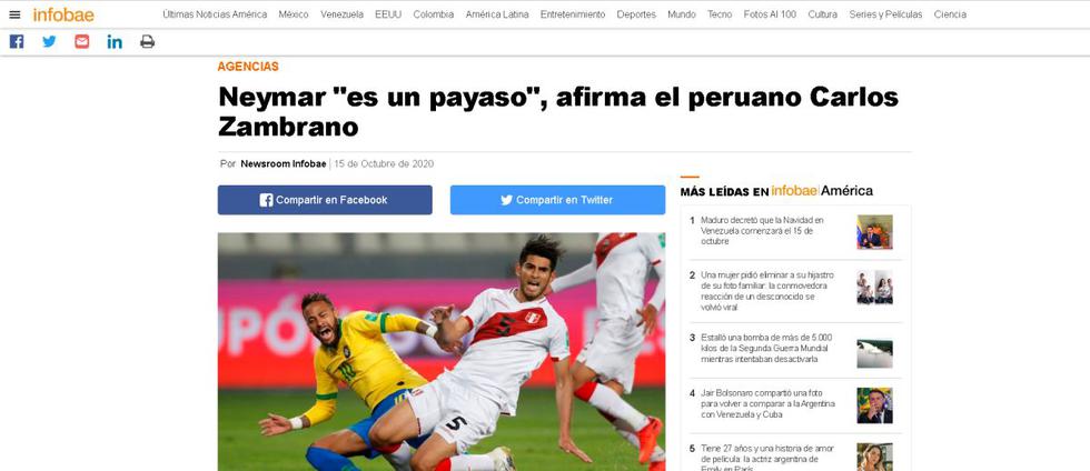 La reacción de la prensa del mundo a las palabras de Carlos Zambrano sobre Neymar. (Captura: Infobae)