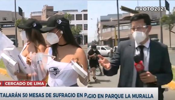 Reportero de América TV choteó en vivo a dos jovencitas que regalaban faciales (Foto: Captura).