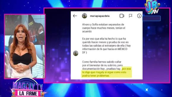 Magaly Medina le envió un mensaje a la familia de Álvaro Paz de la Barra  luego de que insinuaran de que tomarían acciones legales contra ella.