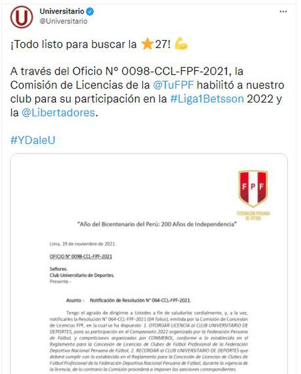 Así anunció Universitario de Deportes la obtención de la licencia.