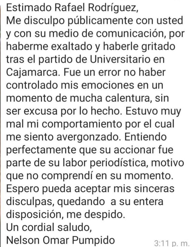 Universitario | Asistente de Comizzo se disculpó con camarógrafo de Fútbol en América tras agresión en Cajamarca | FOTO