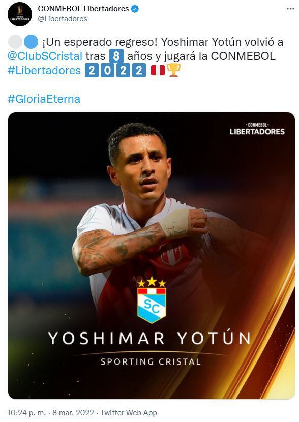 Copa Libertadores resaltó la presencia de Yoshimar Yotún en Sporting Cristal.