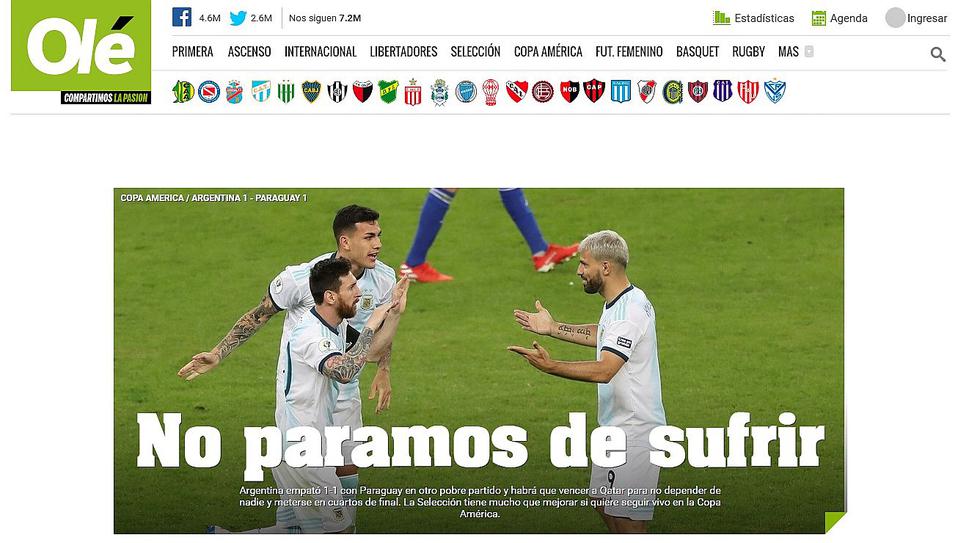 Así informó la prensa argentina tras el empate ante Paraguay que los hace sufrir en la Copa América 2019