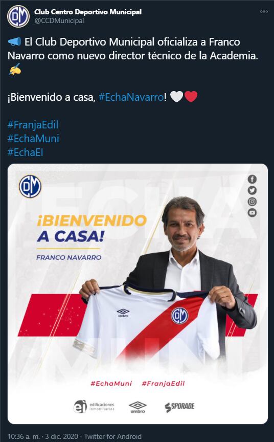 Franco Navarro es el nuevo DT de Deportivo Municipal. (Foto: Twitter)