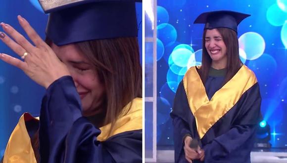 Rosángela Espinoza no pudo hablar ante la emoción del obsequio por su graduación. (Foto: Captura América Tv).