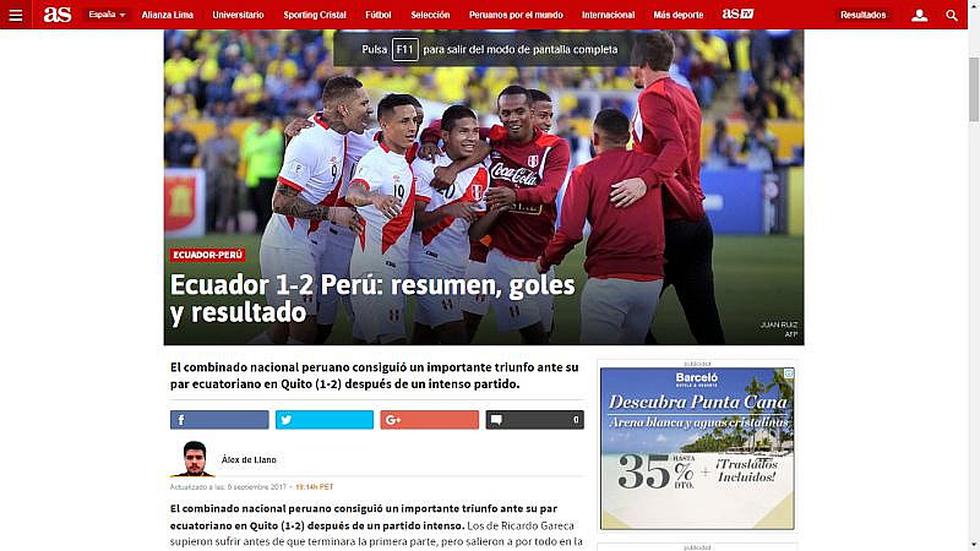Selección peruana: Así informó prensa mundial el triunfo ante Ecuador