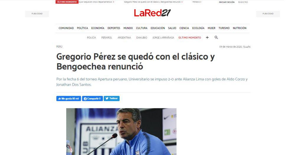 Prensa uruguaya destacó la victoria de Pérez y la renuncia de Bengoechea. (Captura)