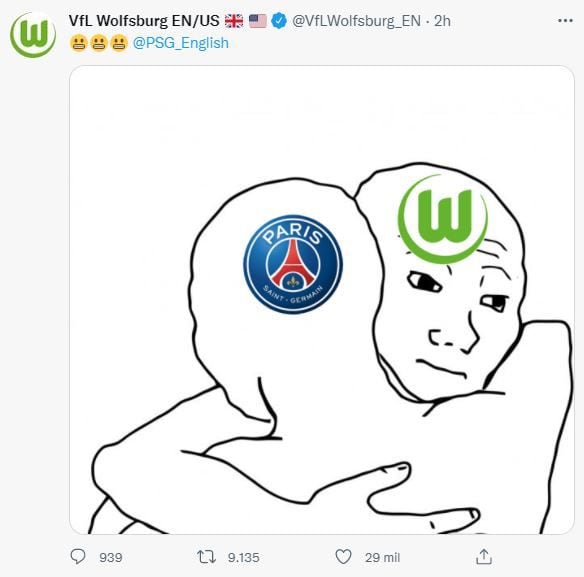 Mensaje de Wolfsburgo en Twitter al PSG, recordando que también sufrió una remontada ante Real Madrid.