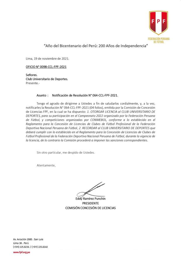 El documento de la Comisión de Concesión de Licencias de la FPF.