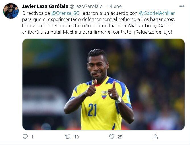 Gabriel Achilier sería nuevo jugador de Orense SC de Ecuador. (Captura: Twitter)