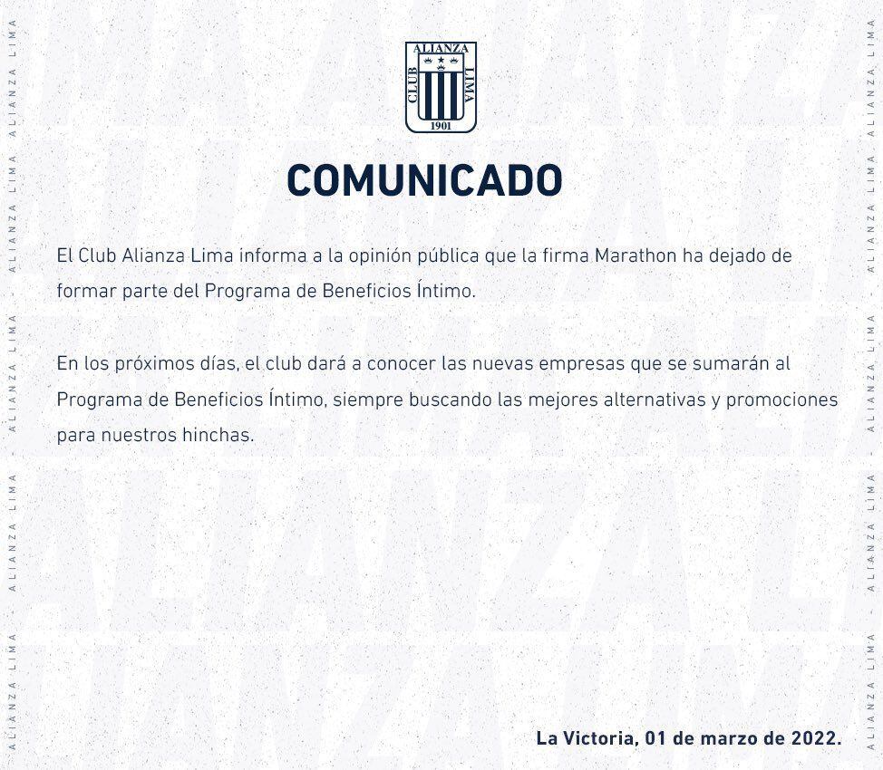 El comunicado de Alianza Lima.