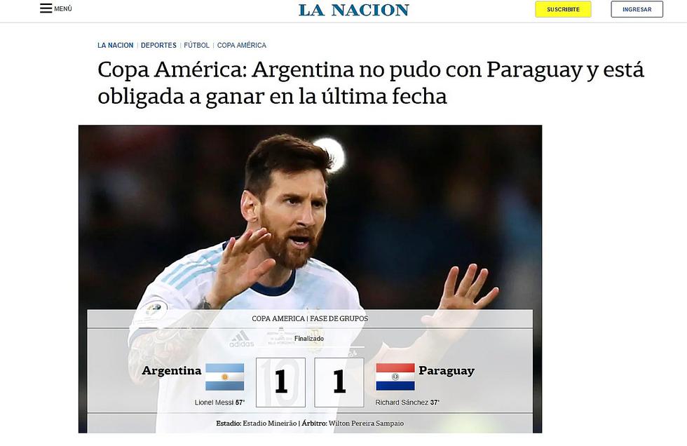 Así informó la prensa argentina tras el empate ante Paraguay que los hace sufrir en la Copa América 2019