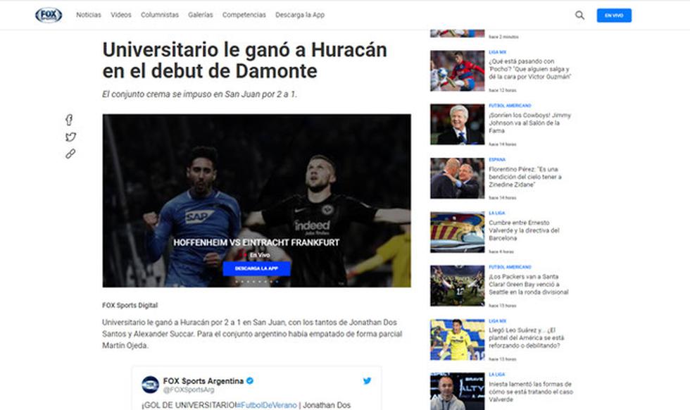 Universitario es noticia en Argentina tras vencer 2-1 a Huracán en amistoso internacional