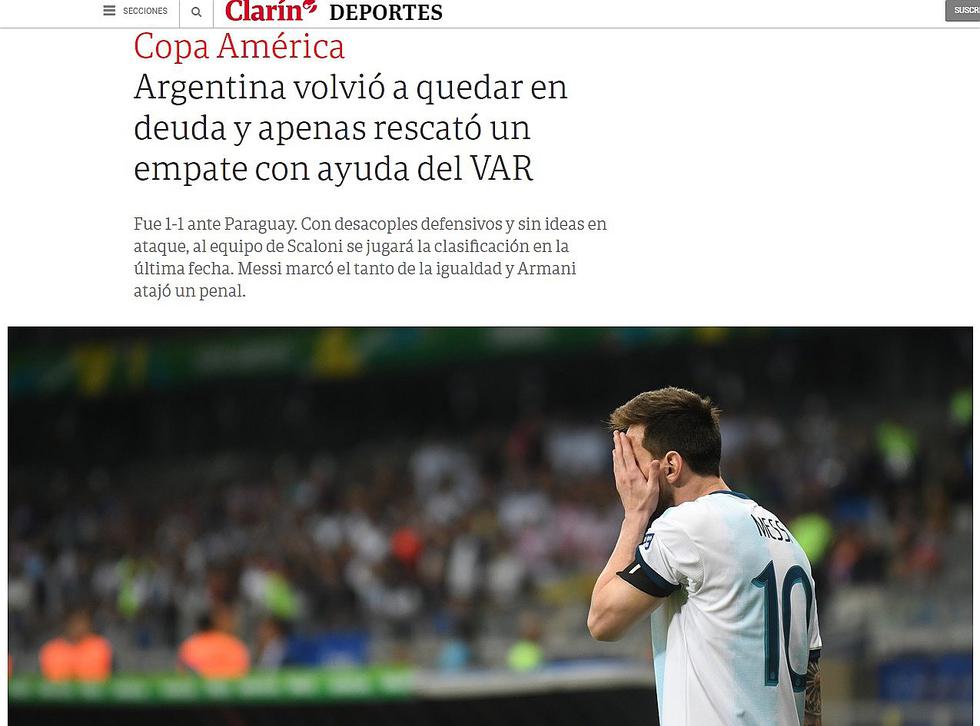 Así informó la prensa argentina tras el empate ante Paraguay que los hace sufrir en la Copa América 2019