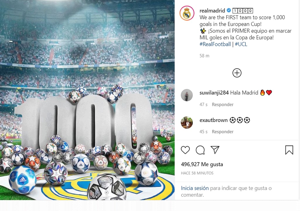 Real Madrid alcanzó los 1000 goles en la Champions League y mostró con orgullo su récord en una publicación de Instagram.