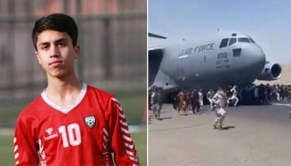 Anwari, de 19 años, fue uno de los miles de afganos que acudió al Aeropuerto Internacional Hamid Karzai para escapar del país. Foto: composición