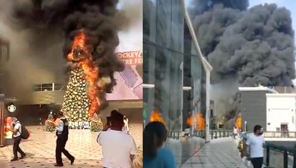 Árbol de Navidad del Jockey Plaza se incendió esta tarde. (Foto: capturas | Twitter)