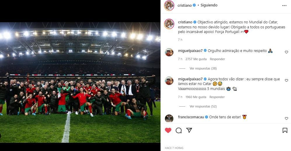 El mensaje de Cristiano Ronaldo en Instagram tras la clasificación al Mundial.