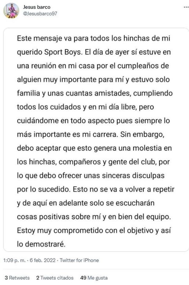 Jesús Barco se disculpó con los hinchas de Sport Boys en Twitter.