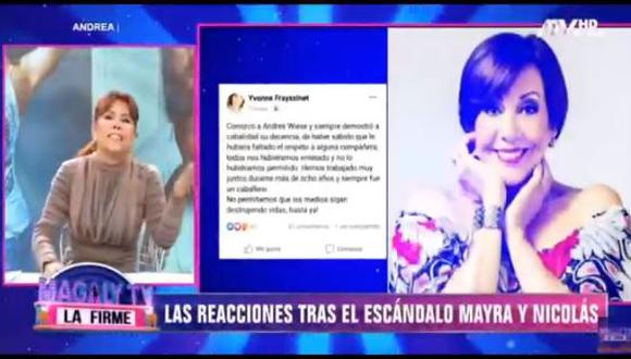 Magaly Medina se mostró en contra del pronunciamiento de la actriz Yvonne Frayssinet a favor de Andrés Wiese. (Foto: captura video)