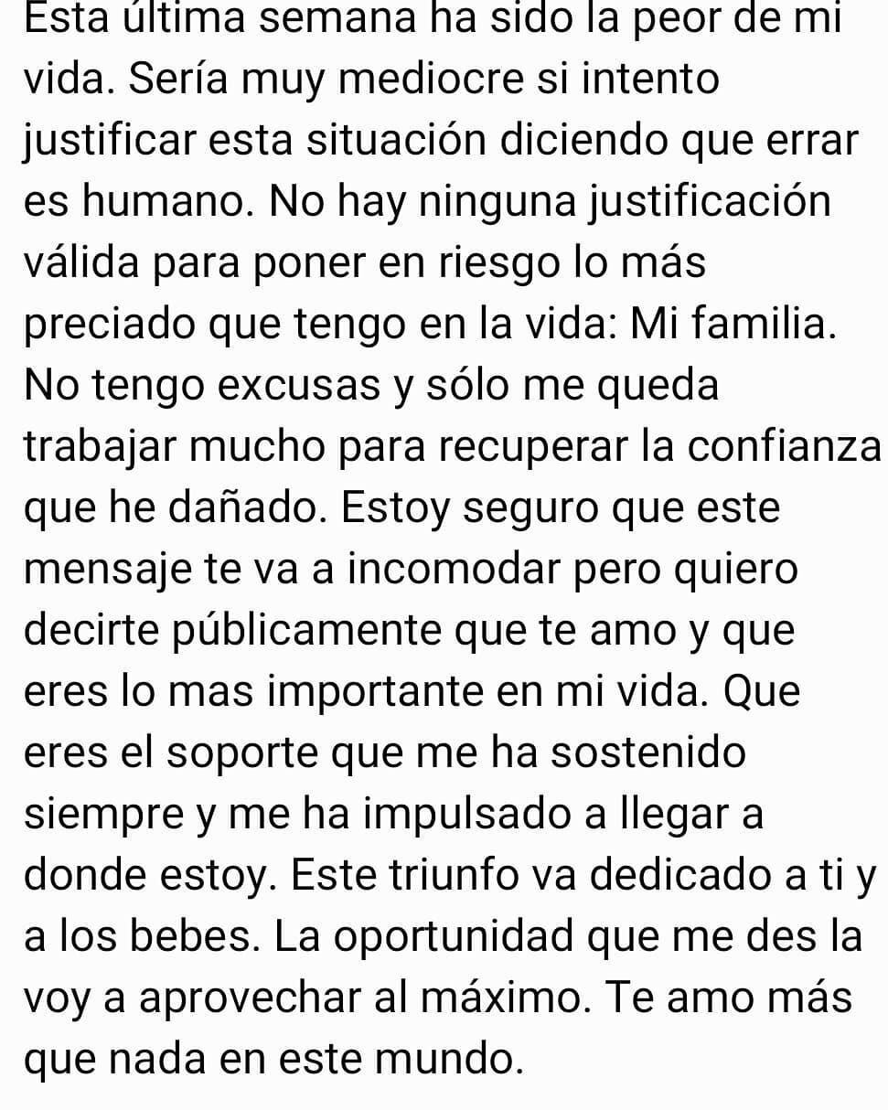 Mensaje de Pedro Gallese pidiendo perdón a su esposa
