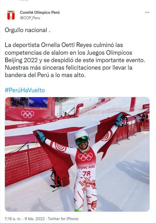 De la misma manera, el Comité Olímpico de Perú resaltó Ornella Oettl por culminar la prueba de slalom.