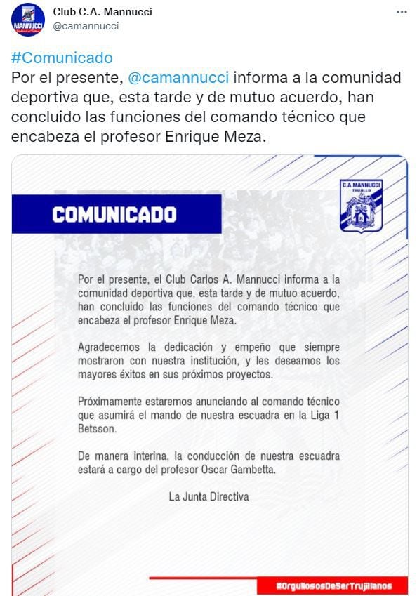 Carlos A. Mannucci anunció en Twitter la salida del entrenador Enrique Meza.