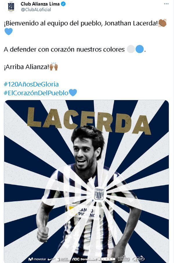 Jonathan Lacerda fue oficializado como nuevo jugador de Alianza Lima. (Captura: Alianza Lima)