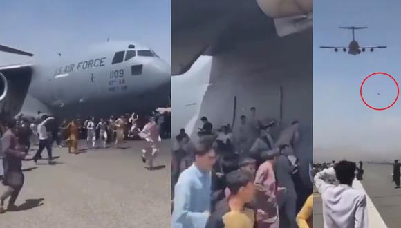 De terror. Miles de personas tratan de huir de Afganistán colgándose de un avión tras triunfo de los talibanes, el video viral en Internet muestra a personas cayendo desde la altura.