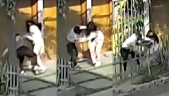 Las cámaras de seguridad grabaron cuando la joven fue golpeada y arrastrada por la vereda de una de las calles de la Asociación de Vivienda ‘Los Pinos’ (Captura: América Noticias)