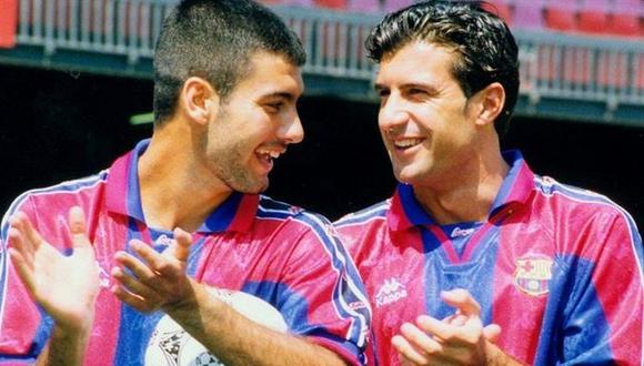 Luis Figo y Josep Guardiola jugaron juntos en el FC Barcelona. (AFP)