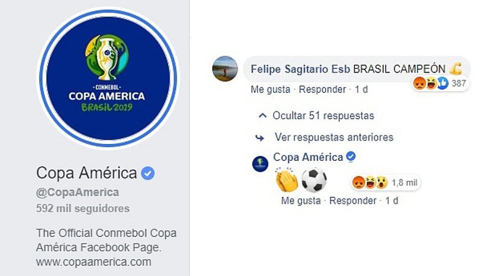 Perú vs. Brasil | Cuenta oficial de la Copa América 2019 y su reacción a comentario de 'Brasil campeón' | FOTO