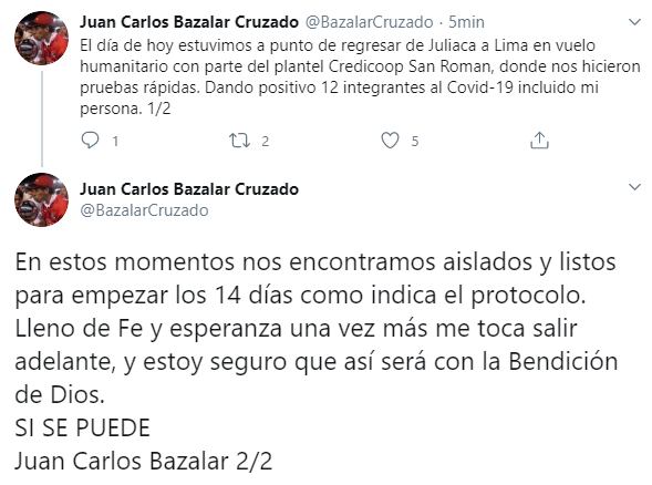 Las palabras del 'Juanca' Bazalar confirmando que tiene el covid-19- (Foto: Twitter de Juan Carlos Bazalar)