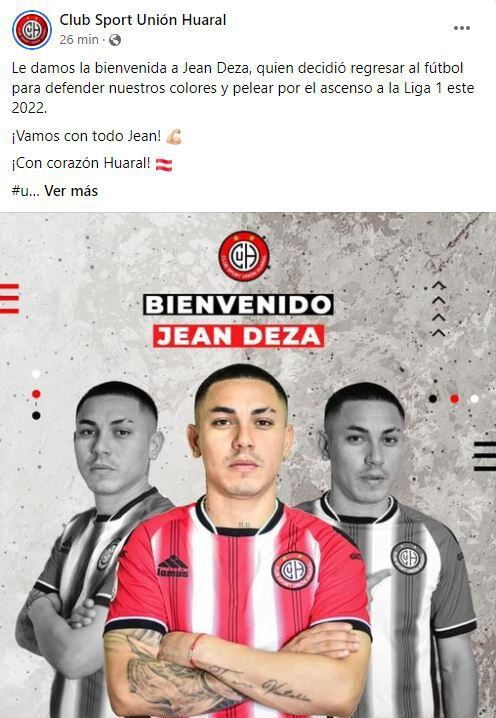 Unión Huaral anunció en redes sociales la llegada de Jean Deza.