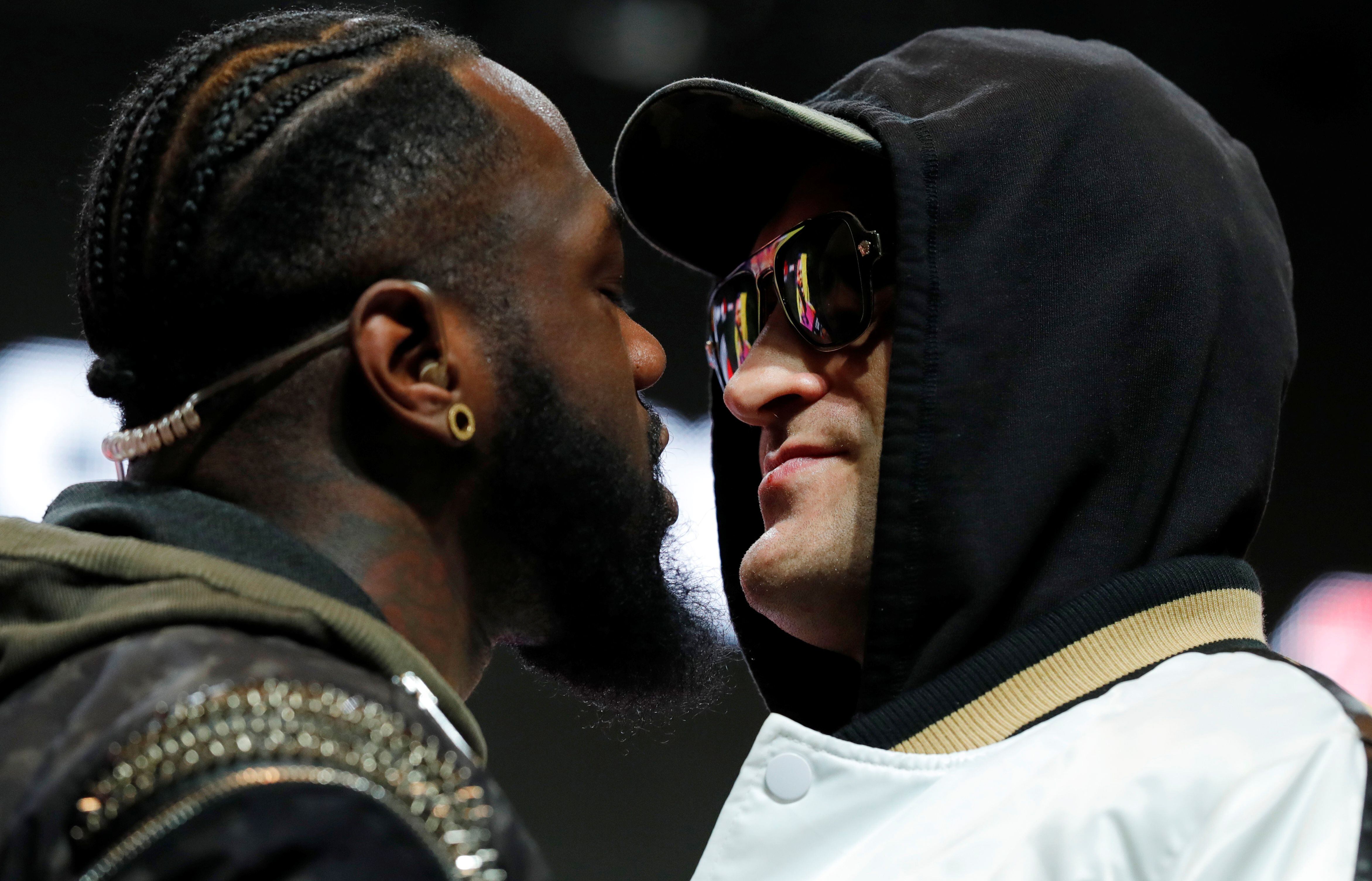 Boxing - Deontay Wilder & Tyson Fury Press Conference - The Grand Garden Arena at MGM Grand, Las Vegas, United States - February 19, 2020  Tyson Fury and Deontay Wilder go head to head during the press conference  REUTERS/Steve Marcus