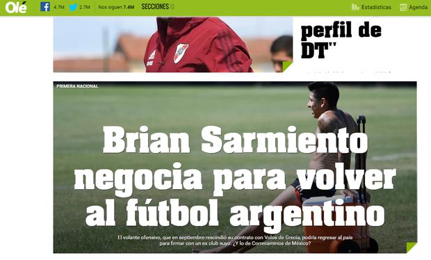 Brian Sarmiento en la porta del diario Olé