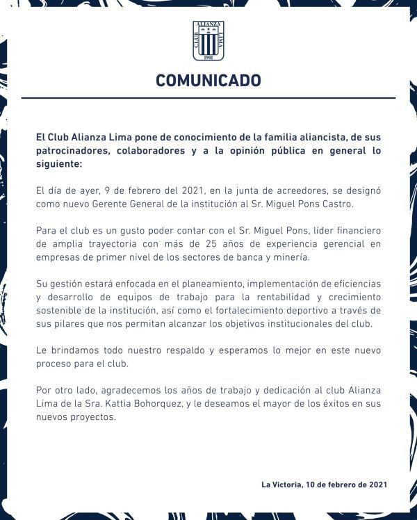 Alianza Lima hizo oficial el nombramiento de Miguel Pons. (Captura: Alianza Lima)